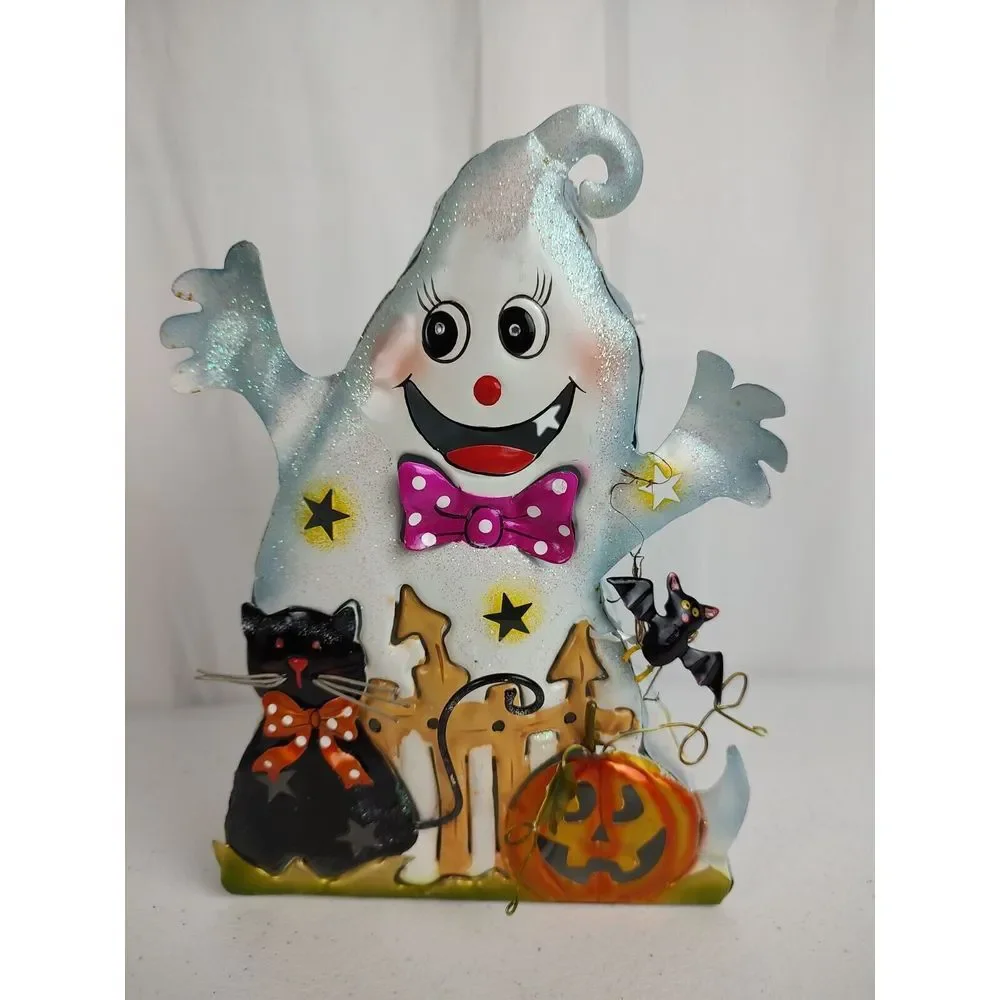 Ghost, Pumpkin and Cat Halloween Metal Candle Tin Vintage Home Interiors & Gifts